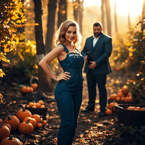 A young woman with fair skin and a slight smile, adorned in a blue denim jumpsuit with sequins, stands in an autumn woodland with carved pumpkins, scattered fruits, and a picnic basket. Her hair is styled elaborately for a wedding, and she places her right hand on her hip, facing the camera. A beefy man in a luxury suit stands behind her, handing her a wine bottle. The scene is bathed in natural, warm autumn light with a strong backlight, creating a soft, low-contrast, intricate look. The composition is a mid-shot with a slight soft focus, shot in a gritty industrial style, framed with film grain and a warm, golden color grade, reminiscent of Edward Burtynsky's cinematography.