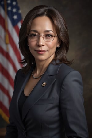 Official portrait of Kamala Harris, Vice President of the United States, a mix of professional and sexy, glamorous lighting, medium shot, confident expression, direct eye contact, soft smile, natural makeup, dark background, American flag pin, subtle glare from glasses, high-end camera, 80mm lens, f/1.4, shallow depth of field, high resolution, film grain, color accuracy, professional photography, portrait photography, studio lighting, Canon EOS 5DS R, ISO 100, 6x7cm, medium format, analog film, Kodak Portra 800, white balance, 1/125 sec shutter speed, natural skin tones, no retouching, confident pose, relaxed posture, hands in frame, elegant attire, dark power suit, no text, no graphics, serious yet approachable, mature beauty, mature woman, mature model, over 50, 50+, silver fox, salt and pepper hair, short hair, gray hair, no hat, no accessories, indoor shoot, single light source, soft box lighting, single person, one person only, single subject, solo, solo portrait, single female, female only, female portrait, woman, woman over 50, older woman, older model, older adult, senior, senior citizen, senior woman, senior lady, mature lady, mature senorita, ma'am, madam, ma'am portrait,