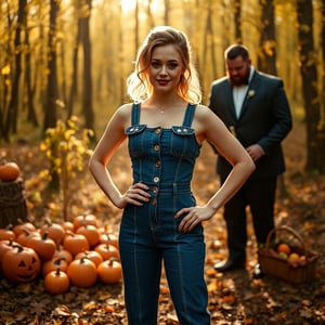 A young woman with fair skin and a slight smile, adorned in a blue denim jumpsuit with sequins, stands in an autumn woodland with carved pumpkins, scattered fruits, and a picnic basket. Her hair is styled elaborately for a wedding, and she places her right hand on her hip, facing the camera. A beefy man in a luxury suit stands behind her, handing her a wine bottle. The scene is bathed in natural, warm autumn light with a strong backlight, creating a soft, low-contrast, intricate look. The composition is a mid-shot with a slight soft focus, shot in a gritty industrial style, framed with film grain and a warm, golden color grade, reminiscent of Edward Burtynsky's cinematography.