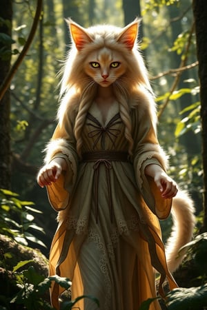 A lifelike catgirl hybrid, radiant with allure, gracefully stands amid a serene forest's depths. Her fluffy fur envelops a form adorned in a flowing nature-inspired tunic, eyes aglow with both whimsy and mischief. Subtle feline claws enhance her hands, while lush foliage and,anthro