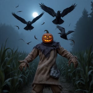 A scarecrow with a weathered, burlap body and a glowing pumpkin head, its carved eyes and mouth aglow with an eerie orange light, stands defiantly in a misty, moonlit cornfield. Raven feathers scatter around as a flock of dark, menacing ravens swoop down, their beaks and claws outstretched in a fierce attack. The scene is bathed in a cool, blue moonlight, with a single spotlight casting long, dramatic shadows. The background is a dense, foggy forest, adding to the haunting atmosphere. The image style is reminiscent of Tim Burton's gothic cinematography, with high contrast, deep shadows, and a slightly desaturated color palette, emphasizing the eerie, otherworldly tension. Film grain adds texture, and the color grading enhances the cold, mystical mood.