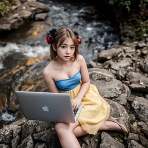 A young girl with fair skin, golden-brown hair in buns, and an innocent yet curious expression sits on rocky terrain by a river, dressed in a strapless yellow dress with a blue waist sash and beige high heels. She wears a black floral hair accessory and is engaged with a laptop, representing technology integration in fashion. The scene is set in a natural, bioluminescent environment with soft pastel lighting and multi-colored hues from below, casting a cool, ethereal glow. The close-up, selfie angle captures her slightly tilted head, with blurred foliage in the background. The high perspective shot, taken with a Canon EOS 5D Mark IV and Canon EF 24-70mm f/2.8L II, features film grain and a cool color palette, evoking the visual style of director David Lynch.