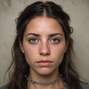 A mugshot of a woman, her expression a mix of defiance and resignation, is captured in a stark, unforgiving light. Her eyes seem to bore into the camera, as if daring anyone who dares to look at her to judge her harshly. A faint hint of desperation clings to her features, like the lingering haze of marijuana smoke. The background is a dull, institutional gray, reflecting the bleakness of her circumstances. In the foreground, a faint outline of handcuffs and chains serves as a stark reminder of her arrest for prostitution and possession of marijuana. Her face, once full of life and vitality, now seems drained of all color, much like the monotony of the prison walls.