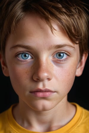 Close-up portrait of a brown-haired boy with piercing blue eyes, gazing directly into the camera lens. He wears a vibrant mustard-colored t-shirt, his freckled face radiating authenticity. A striking black backdrop serves as a dramatic foil, isolating the subject's features and amplifying their intensity.