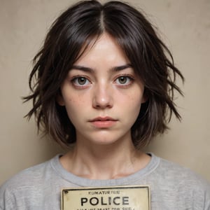 A gritty, close-up shot of a mugshot captures a somber-faced woman with a mix of sadness and resignation. Her eyes, sunken from the harsh fluorescent lighting, seem to bore into the viewer. A faint smudge of dirt or tears beneath her left eye adds a touch of vulnerability. The subject's dark hair is styled in a messy bob, framing her pale, gaunt complexion. In the background, a blurred police station logo and drab beige walls evoke a sense of institutional monotony. Her handcuffed hands rest on the edge of the mugshot frame, as if waiting to be released.