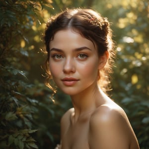 A captivating shot of a forest nymph, bathed in warm, golden light, as she poses confidently amidst lush foliage. Her piercing gaze and radiant smile draw the viewer's attention, while her slender figure and soft, rosy complexion exude innocence and charm. The subject's delicate features are set against a richly textured background, reminiscent of Sorolla's brushstrokes, with subtle shading and depth that invites the viewer to step into the whimsical world.