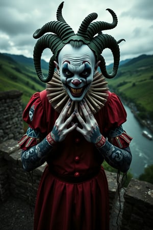 A sinister, twisted evil clown with pale skin and dark, sunken eyes dons saintly attire, contrasting with Medusa-inspired tattoos that snake across his arms and face. He stands provocatively in a fantasy world with a stone wall behind him, green hills rolling into the distance, and a cloudy sky above. A shallow depth of field and center-focused, eye-level angle highlight the clown’s unsettling presence. Cinestillidoscurio’s vivid hues and hyperdetailed, intricate textures bring the scene to life, with dramatic, moody lighting casting deep shadows and highlighting the clown’s malevolent grin. The background features a serene river, adding a stark contrast to the foreboding figure. The scene is framed with film grain and a dark, noir aesthetic, enhancing the eerie atmosphere.