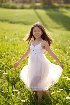 Dreamy, ethereal, and romantic, a young girl dances in a sun-drenched meadow, surrounded by wildflowers, wearing a flowing, white dress, with a bright and charming smile, in the style of Pierre-Auguste Renoir or Berthe Morisot, 1024x768 Rays of warm sunlight filter through the lush green meadow, illuminating a delightful scene of youthful innocence. A young girl, reminiscent of Renoir's or Morisot's subjects, plays with abandon amidst the wildflowers. Her translucent dress whispers secrets to the breeze as she beams with a charming smile, her joyful laughter and carefree spirit radiating outward like the gentle light that dances across her upturned face.