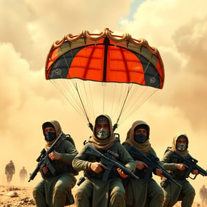 Photorealistic, 3D rendering of a paraglider assault team, consisting of Muslim action figures, inspired by GI Joe, with diverse facial expressions, wearing paragliders, holding various assault rifles, with a massive sandstorm in the background, 1920*1080