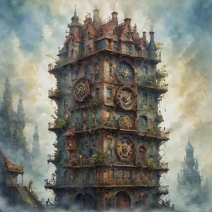 Amidst the fog-shrouded, steam-pierced skyline of a forgotten metropolis, Marquis de Sade's iconic novel 'Justine' is reborn as a steampunk-infused watercolor cover. Old houses with crumbling facades now hum with advanced electrical networks, as ArtStation's sheetsolete style blends organic and mechanical elements. Holographic edges dance across the matte, shimmering in 4K HD photorealism, while intricate gears and cogs mesh seamlessly with lush flora, as a mysterious figure - Justine - steps forth from the shadows, her gaze piercing the mist.,watercolor \(medium\),Supersex