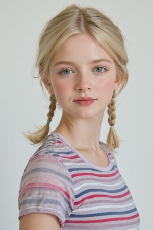 A serene portrait of a blonde-haired young girl with light skin tone, posing in front of a plain white wall. Her messy braids frame her face, and her soft green eyes are half-lidded, hinting at a subtle smile. She wears a striped T-shirt, adding a playful touch to her natural makeup look. The gentle lighting casts even shadows, emphasizing her features without harshness.
The image is a high-resolution photograph of a young girl with a light skin tone and blonde hair styled in two braids. Her hair is slightly tousled, with a few strands framing her face. She has a natural, neutral makeup look with a hint of pink on her lips and a light blush on her cheeks. Her eyes are a soft, light green, and she has a slight, closed-lip smile. She is wearing a short-sleeved T-shirt with horizontal stripes in red, white, and blue, which adds a touch of casual, playful style to her appearance. The background is a plain, light-colored wall, which keeps the focus entirely on the girl. The lighting is soft and even, casting gentle shadows and highlighting her features without harshness. The overall mood of the image is serene and youthful, capturing a moment of quiet contemplation or perhaps a candid, everyday moment.