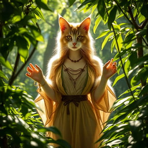 A lifelike catgirl hybrid stands amidst the serene forest's depths, her radiant aura drawing attention to her alluring presence. Framed by a canopy of lush greenery, she wears a flowing nature-inspired tunic that complements her fluffy fur, with subtle feline claws adorning her hands. Her eyes aglow with whimsy and mischief, she seems to be savoring the tranquility of her surroundings.