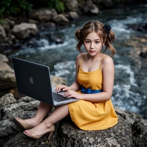 A young girl with fair skin, golden-brown hair in buns, and an innocent yet curious expression sits on rocky terrain by a river, dressed in a strapless yellow dress with a blue waist sash and beige high heels. She wears a black floral hair accessory and is engaged with a laptop, representing technology integration in fashion. The scene is set in a natural, bioluminescent environment with soft pastel lighting and multi-colored hues from below, casting a cool, ethereal glow. The close-up, selfie angle captures her slightly tilted head, with blurred foliage in the background. The high perspective shot, taken with a Canon EOS 5D Mark IV and Canon EF 24-70mm f/2.8L II, features film grain and a cool color palette, evoking the visual style of director David Lynch.