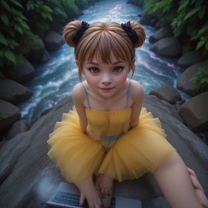 A young girl with fair skin, golden-brown hair in buns, and an innocent yet curious expression sits on rocky terrain by a river, dressed in a strapless yellow dress with a blue waist sash and beige high heels. She wears a black floral hair accessory and is engaged with a laptop, representing technology integration in fashion. The scene is set in a natural, bioluminescent environment with soft pastel lighting and multi-colored hues from below, casting a cool, ethereal glow. The close-up, selfie angle captures her slightly tilted head, with blurred foliage in the background. The high perspective shot, taken with a Canon EOS 5D Mark IV and Canon EF 24-70mm f/2.8L II, features film grain and a cool color palette, evoking the visual style of director David Lynch.