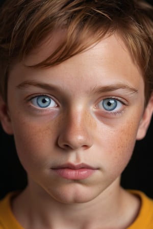 Close-up portrait of a brown-haired boy with piercing blue eyes, gazing directly into the camera lens. He wears a vibrant mustard-colored t-shirt, his freckled face radiating authenticity. A striking black backdrop serves as a dramatic foil, isolating the subject's features and amplifying their intensity.