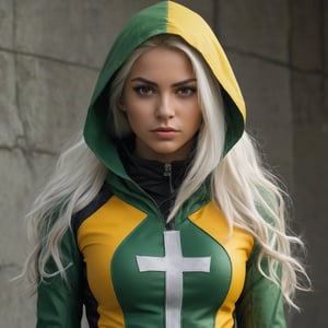A bold superheroine stands tall, dressed in a vibrant yellow and green suit adorned with a distinctive cross emblem on the chest, paired with a black jacket and hood. Her long white hair flows behind her as she confidently poses, one hand resting on her hip and the other on her thigh. A serious expression dominates her face, fixed directly at the camera. Against a gritty concrete wall backdrop, a window to the right adds depth. The overall mood is dramatic and powerful, evoking a sense of strength and determination.