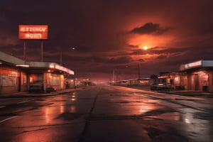 Here is a prompt that captures the eerie scene:

Create an image of a deserted service area on the highway to hell, with an ominous red sky casting a menacing glow over the scene. Flickering fluorescent lights illuminate rusty metal structures and fading signs, conveying a sense of decay and abandonment. In the background, the highway stretches towards a fiery horizon, immersing viewers in an unsettling atmosphere.