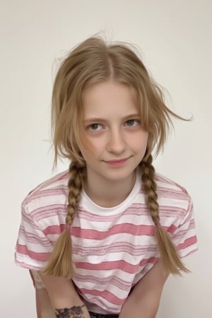 A serene portrait of a blonde-haired young girl with light skin tone, posing in front of a plain white wall. Her messy braids frame her face, and her soft green eyes are half-lidded, hinting at a subtle smile. She wears a striped T-shirt, adding a playful touch to her natural makeup look. The gentle lighting casts even shadows, emphasizing her features without harshness.
The image is a high-resolution photograph of a young girl with a light skin tone and blonde hair styled in two braids. Her hair is slightly tousled, with a few strands framing her face. She has a natural, neutral makeup look with a hint of pink on her lips and a light blush on her cheeks. Her eyes are a soft, light green, and she has a slight, closed-lip smile. She is wearing a short-sleeved T-shirt with horizontal stripes in red, white, and blue, which adds a touch of casual, playful style to her appearance. The background is a plain, light-colored wall, which keeps the focus entirely on the girl. The lighting is soft and even, casting gentle shadows and highlighting her features without harshness. The overall mood of the image is serene and youthful, capturing a moment of quiet contemplation or perhaps a candid, everyday moment.