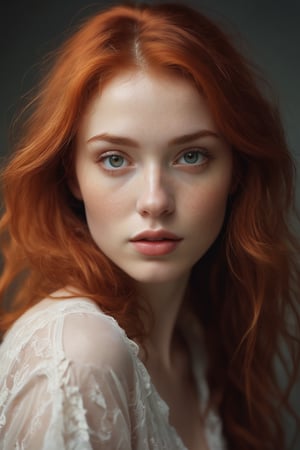 A delicate close-up captures the essence of a young girl with fiery red locks, her features illuminated by an ethereal soft glow. The fuzzy ambiance wraps around her, as if infused with a whimsical aura. In this photobashed masterpiece, Antoni Pitxot's portrait showcases the subject's endearing face, her gaze direct and engaging, set against a subtle gradient of creamy whites.