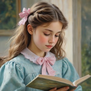 The image is a painting in an impressionist style, depicting a young girl with long, wavy, light brown hair adorned with a pink bow on the right side. She is shown in profile, facing to the left, and is dressed in a light blue, polka-dotted dress with a high collar. The girl appears to be engrossed in reading a book, which she holds in her right hand, her left hand resting on her lap. The background is a blurred, abstract mixture of greens and yellows, suggesting an outdoor setting with tall, grassy vegetation. The painting is executed in soft, blended brushstrokes, characteristic of impressionist art, which gives a gentle, dreamy quality to the image. The girl's expression is calm and focused, her eyes looking down at the book. The overall mood of the painting is serene and contemplative, capturing a quiet moment of reading and reflection. The texture of the painting is smooth and rich, with a soft, luminous quality that enhances the impressionistic style.