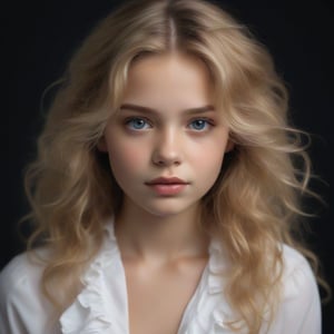 The image is a portrait of a young girl with long blonde hair. She is looking directly at the camera with a serious expression on her face. Her hair is styled in loose waves and falls over her shoulders. She has a slight smile on her lips and her eyes are a piercing blue. The background is black, making the girl the focal point of the image. She appears to be wearing a white blouse with a ruffled neckline. The lighting is soft and natural, highlighting her features,Supersex