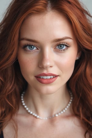 a fair-skinned woman with long, wavy red hair and blue eyes is captured in a close-up, eye-level shot. she's dressed in a black top, which is partially unbuttoned, revealing her pale skin beneath. a necklace of three pearls adorns her neck, adding a touch of elegance. her gaze is directed towards the camera, which captures her mouth slightly ajar, revealing a set of pearly white teeth. her hair, a vibrant shade of red, is parted in the middle, adding a touch of contrast to her face. the backdrop is a blurred white wall, providing a stark contrast to the woman's vibrant palette.