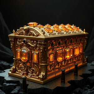 Photorealistic image of a gold sarcophagus with intricate details, 1024*1024, rose cut citrines and willow-shaped decorations, octagon cut citrines and cushion diorite cabochons, spikes of diorite, foreboding atmosphere.