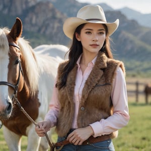 a close-up, eye-level shot captures a young woman in a cowboy hat and brown fur vest, standing next to a white horse. the horse's mane is adorned with light brown spots, adding a touch of elegance to its appearance. the woman's hair is dark, parted down the middle, and styled into a sleek ponytail. she wears a pink shirt tucked into a brown fur vest, which complements her black cowboy hat. her right hand is holding a rope, while her left hand is resting on her hip. the backdrop features a grassy field, with mountains in the distance.