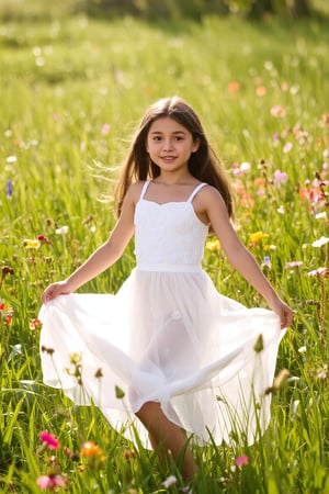 A  girl's dreamy dance in a sun-kissed meadow, surrounded by vibrant wildflowers, wears a flowing white dress, the girl is 10 years old,beaming with a bright and charming smile, as warm rays of sunlight filter through lush green blades, casting a soft glow on the serene scene, reminiscent of Renoir or Morisot's Impressionist masterpieces.,hubggirl