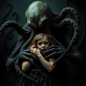 In a chilling and enchanting scene, a faceless tentacle monster tenderly embraces a frightened yet adorable young woman, creating a stark contrast between the dreadful presence of Cthulhu and the cuteness of his victim. Despite the terrifying situation, an unexpected romantic and sensual tenderness emerges between the two, weaving an unexpected depth into the composition and adding nuance to the horrifying premise. The dreadful yet beautiful image exudes a fascinating blend of fear, curiosity, and affection, as if plucked from the pages of a classic Lovecraftian tale. This unforgettable scene encapsulates the essence of the mind-bending, gothic horror that has captivated audiences for generations, inviting viewers to explore the fascinating realms of terror and tenderness that lie beyond the boundaries of the mundane.