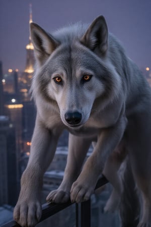 A close-up of a female werewolf with soft, silvery fur and piercing amber eyes, her expression a mix of curiosity and mischief. She stands on a glass balustrade overlooking a blurry cityscape in a mystical land of eternal twilight. Natural lighting filters through, complemented by studio lights with strong rim lighting to accentuate her furry features. The analogous color palette of deep purples, blues, and silvers creates a dramatic, moody atmosphere. Shot on a Pentax K-1 Mark II with a Pentax FA 43mm f/1.9 Limited lens, the image has a subtle film grain and a slightly underexposed look, enhancing the mystical and ethereal vibe.