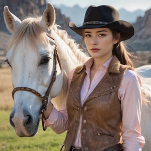 A close-up eye-level shot of a young woman, donning a cowboy hat and brown fur vest, stands next to a majestic white horse with light brown spotted mane. Her dark hair, parted down the middle, flows into a sleek ponytail. She wears a pink shirt tucked into her brown fur vest, complementing her black cowboy hat. Her right hand holds a rope, while her left rests on her hip. The serene backdrop features a lush grassy field with distant mountains.