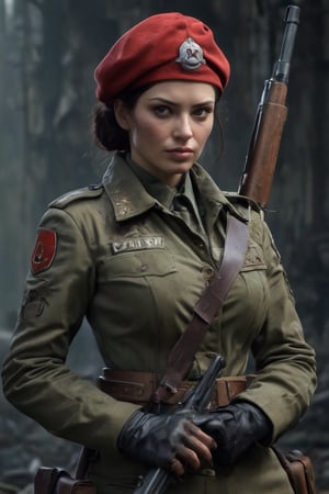 (High quality1.2), (masterpiece1.2), (detailed1.4), 8K, In a (dark1.3) alternate WWII, a supernatural Lyudmila Pavlichenko, dressed as a Soviet sniper, stands amid (battlefield ruins1.2). (Demonic tattoos1.3) glow with (otherworldly energy1.3) as she aims her rifle. (Spectral aura1.3) radiates determination. Her weapon, loaded with enchanted bullets, targets Axis forces. Nazi regime's dark allies are no match for her tactical skill and vengeance-fueled power. A spectral entity looms, amplified by Lady Death's connection