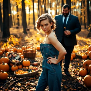 A young woman with fair skin and a slight smile, adorned in a blue denim jumpsuit with sequins, stands in an autumn woodland with carved pumpkins, scattered fruits, and a picnic basket. Her hair is styled elaborately for a wedding, and she places her right hand on her hip, facing the camera. A beefy man in a luxury suit stands behind her, handing her a wine bottle. The scene is bathed in natural, warm autumn light with a strong backlight, creating a soft, low-contrast, intricate look. The composition is a mid-shot with a slight soft focus, shot in a gritty industrial style, framed with film grain and a warm, golden color grade, reminiscent of Edward Burtynsky's cinematography.