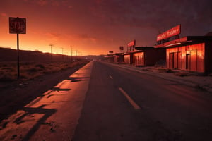 A desolate service area on the highway to hell, bathed in an eerie red glow. Flickering fluorescent lights cast long shadows across rusty metal structures and fading signs, exuding a sense of decay and abandonment. The highway stretches ominously towards a fiery horizon, as if beckoning travelers down a path of no return.