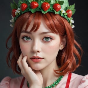 a detailed close-up captures a young woman, clad in a vibrant strawberry costume. her red hair is styled into a bob cut, accentuated by a crown adorned with green and white beads. the costume's apron features a large strawberry motif, adding a playful touch to the ensemble. the woman's eyes are painted a striking green, while her lips are a radiant pink. her hands rest on her chin, framing her face perfectly