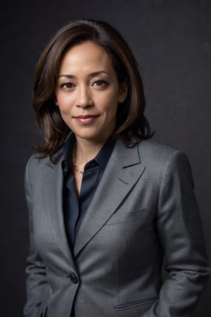 Kamala Harris, Vice President of the United States, exudes confident elegance in a medium shot against a dark background. Soft box lighting creates a flattering glow on her mature beauty, accentuating her silver fox hair and natural makeup. Her direct eye contact and subtle smile convey approachability and seriousness. A high-end camera captures her portrait with an 80mm lens at f/1.4, producing a shallow depth of field and film grain texture. The Canon EOS 5DS R, ISO 100, and 6x7cm medium format film ensure natural skin tones and color accuracy. No retouching or graphics are applied, allowing her mature presence to shine.