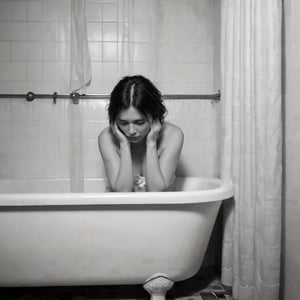 A somber black and white photograph frames a young woman's introspective moment, as she sits in a worn bathtub, her head bowed in despair, tears flowing freely down her face. The tile surround and shower curtain provide a stark contrast to the turmoil within. In the background, a tiled wall serves as a subtle reminder of the isolation. The text overlay, 'Act reproductive and keep being hard', adds a jarring layer of complexity to this poignant scene.