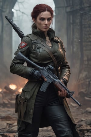 (High quality1.2), (masterpiece1.2), (detailed1.4), 8K, In a (dark1.3) alternate WWII, a supernatural Lyudmila Pavlichenko, dressed as a Soviet sniper, stands amid (battlefield ruins1.2). (Demonic tattoos1.3) glow with (otherworldly energy1.3) as she aims her rifle. (Spectral aura1.3) radiates determination. Her weapon, loaded with enchanted bullets, targets Axis forces. Nazi regime's dark allies are no match for her tactical skill and vengeance-fueled power. A spectral entity looms, amplified by Lady Death's connection