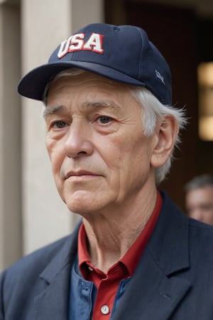 The image shows an elderly man wearing a red baseball cap with the word "USA" written on it in white letters. He is wearing a dark blue blazer and a white shirt. The man appears to be in his late 60s or early 70s and has white hair. He has a serious expression on his face and is looking off to the side. The background is blurred, but it seems to be an outdoor setting with plants and a building visible.