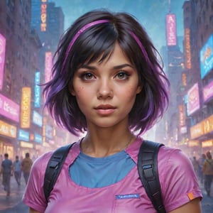 Amidst a futuristic cyberpunk cityscape, Dora the Explorer transforms into a striking, hyperrealistic digital painting. Her highly detailed portrait, reminiscent of Henriette Kaarina Amelia von Buttlar in ArtStation's finest realistic artwork, embodies fashion and grit. This masterpiece of hyperrealism pushes the boundaries of concept art