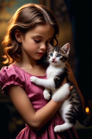 

Capturing the essence of a strong yet feminine woman, this image depicts her in a glamorous pose as she holds a playful kitten. The scene is rendered with intricate detail and stunning oil painting techniques, highlighting both the subject's beauty and the surroundings. With cinematic lighting casting a warm glow on the scene, it invokes feelings of nostalgia and comfort. The photograph features a 40mm lens at f/1.2, resulting in a sharp focus that emphasizes the connection between the little girl and her beloved kitten. This striking portrait will leave viewers captivated by its unique blend of vivid colors, 4K textures, high contrast, and hidden magical elements.,<lora:659095807385103906:1.0>,<lora:659095807385103906:1.0>
