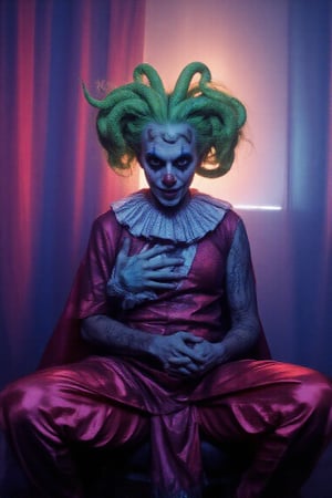 In a hauntingly lit, dimly veiled chamber, a grotesque clown clad in sacred vestments poses with an air of malevolent reverence. Medusa's snake-haired visage writhes across his pale skin like a living curse, as if hellish energies course through his very being. The eerie glow of Cinestillidoscurio's vivid hues casts an otherworldly sheen, illuminating the twisted juxtaposition of sacred and profane.