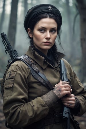 In a dark, alternate World War II setting, a supernatural-infused version of Lyudmila Pavlichenko, dressed in Soviet sniper attire, stands amidst the ruins of a WW2 battlefield. Her demonic tattoos glow with an otherworldly energy as she peers through her rifle's scope, her spectral aura radiating an air of fierce determination. Enchanted bullets loaded into her weapon, she prepares to take down Axis forces. The Nazi regime's dark mystical allies seem no match for her tactical prowess and unwavering commitment to vengeance. A spectral entity looms in the distance, its presence amplified by Lady Death's connection to Pavlichenko.