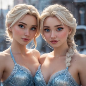 A stunning, hyper-realistic portrait of Anna and Elsa from Frozen, captured in a playful bikini selfie on Instagram. This 8K high definition image showcases incredible detail, sharp focus, and an intricate elegance that reflects the talents of artists Stanley Lau and Artgerm. The scene is set in an insanely detailed environment, with every aspect exuding style and sophistication.