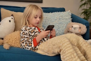  The image captures a serene indoor scene. A young child, dressed in pajamas adorned with a playful animal print, is seated on a blue couch. The child's attention is absorbed by the device they hold in their hands - a smartphone. The phone screen is lit up, suggesting that the child might be engaged in some form of digital activity.

The child's hair is blonde and appears to be styled in a bob cut. They are looking down at the phone, indicating an active engagement with whatever content is displayed on the screen.

Behind the child, there's a large, fluffy blanket draped over the back of the couch, adding a cozy touch to the scene. The blanket's texture and color contrast nicely with the blue of the couch, creating a warm and inviting atmosphere.

The overall setting suggests a comfortable and relaxed environment, possibly a living room or a similar communal space in a home. The child's focus on their phone indicates a moment of quiet concentration amidst the comfort of their surroundings. 