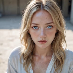 A young woman with blonde hair styled in loose waves framing her serious expression, her piercing blue eyes locking onto the camera lens. Freckles dot her porcelain skin as she gazes forthrightly, her features illuminated by soft, diffused light. The blurred background hints at an outdoor setting on a concrete floor, while the overall atmosphere exudes calmness and serenity.