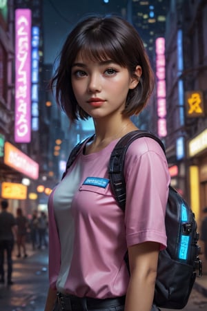In a gritty cyberpunk metropolis, Dora the Explorer morphs into a stunning digital painting, bathed in neon hues and high-contrast lighting. Her portrait, akin to Henriette Kaarina Amelia von Buttlar's realistic artwork, exudes fashion sense and tenacity. Framed by towering skyscrapers and holographic advertisements, Dora's striking visage dominates the composition, her eyes gleaming like LED lights in a darkened alleyway. Amidst this dystopian landscape, her pose screams defiance, as if ready to conquer the virtual realm with nothing but a backpack full of digital gadgets.,