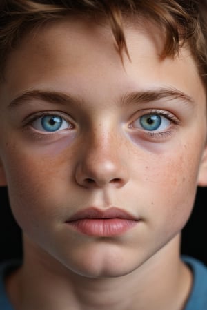 A young boy with chestnut brown hair and piercing blue eyes takes center stage in this intimate close-up portrait. His intense gaze, directed directly at the viewer, conveys a sense of vulnerability. The mustard-hued T-shirt adds a pop of color to his otherwise neutral-toned complexion, which is speckled with a scattering of freckles, imbuing him with an air of authenticity. The dramatic black backdrop provides a striking contrast to the boy's features and clothing, drawing attention to his expressive face.