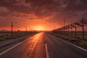 Desolate Highway Service Area at Dusk: Fiery Horizon. A haunting scene unfolds on the asphalt path, where flickering fluorescent lights cast an eerie glow amidst rusty metal structures and faded signs. The ominous red sky hangs low, threatening to engulf the desolate landscape. In the distance, the highway stretches towards a blazing horizon, as if the very gates of hell loom ahead.